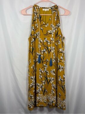 THML Mustard Floral Midi Dress with Tassel Ties Size Small